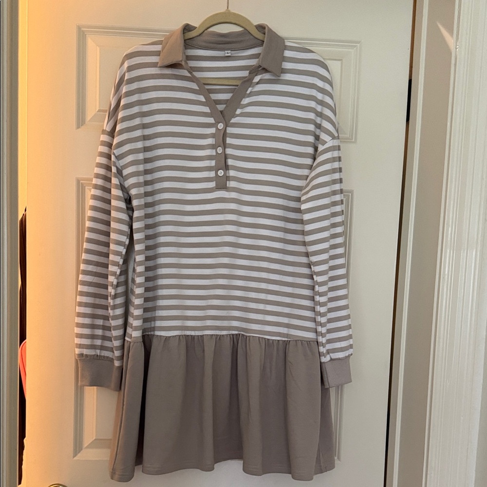 Striped Polo Drop-Waist Tunic Dress in Beige and White
